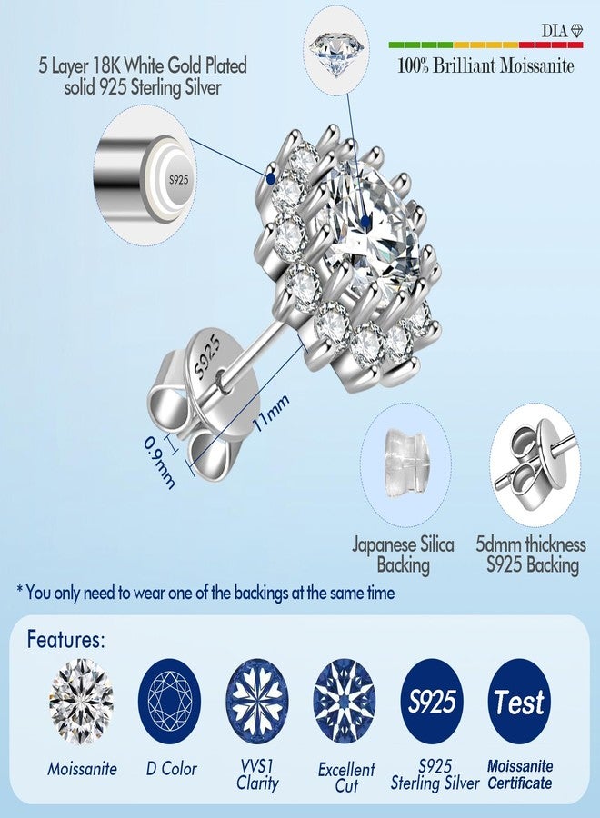 SecreTalk 1-4CT Moissanite Stud Earrings, Sunflower D Color Ideal Cut 925 Sterling Silver Earrings for Women with Certificate of Authenticity (White Gold Plated, 2cttw pair/ 1ct each) - Image 3